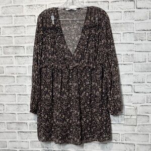 Zara Black and Cream Floral Long‎ Sleeve Tunic mini Dress deep V neck Size M